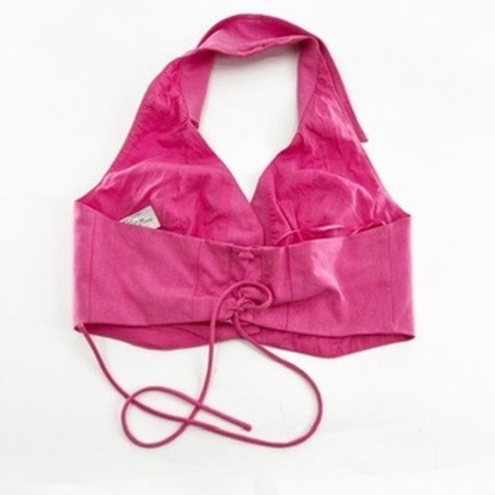 Bershka Womens Hot Pink Halter Neck Waistcoat Lace Up Back Cropped Vest Size M - Picture 2 of 4